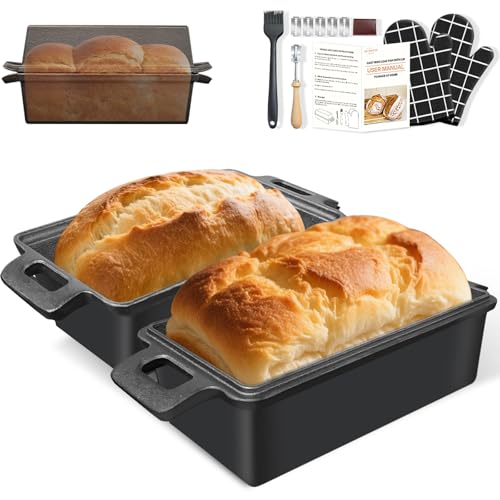 Cast Iron Bread Loaf Pan with Lid 9x5 Inch,2 in 1 Bread Pands Even Heat Bread Baking Pan for Homemade Bread, Sourdough, Meatloaf, Set of 2 Loaf Pans with Oven Mitts, Lame Baking Tool, Pastry Brush