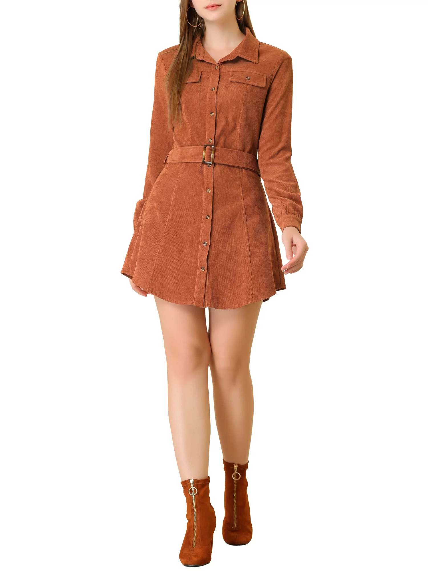 Allegra K Women's Safari Point Collar Button Down Belted Corduroy Shirt Dress