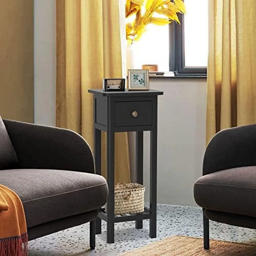 HJZUINIUNIU Narrow Side Table  Small End Table for Small Spaces  Farmhouse Acacia Wood Slim Side Table  Small Bedside Tables Thin Nightstand w/Drawer & Open   No Assembly Required  14