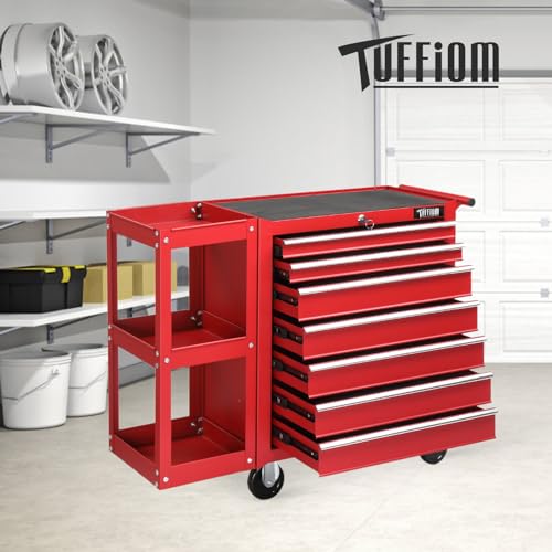 TUFFIOM 7-Drawer Rolling Tool Chest with Side Shelves, Tool Storage Side Cabinet w/Lockable Wheels, Top Cushion & Drawer Liners, Tool Organizer Box for Garage, Warehouse & Repair Shop