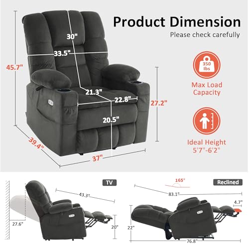 MCombo Large Triple Motor Power Lift Recliner Chair with Massage and Dual Heating, Adjustable Headrest for Tall Elderly People, Fabric 7634 (Grey, Large)