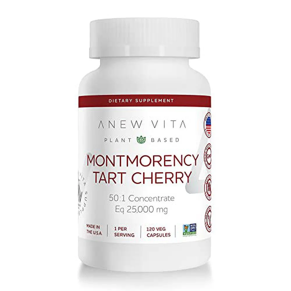 Anew Vita Montmorency Tart Cherry - Muscle Recovery, CherryPure 50:1 Concentrate eq. 25,000 mg, Rich in Antioxidants & Flavonoids, Plant-Based, Gluten-Free - 120 Veggie Capsules, Made in USA