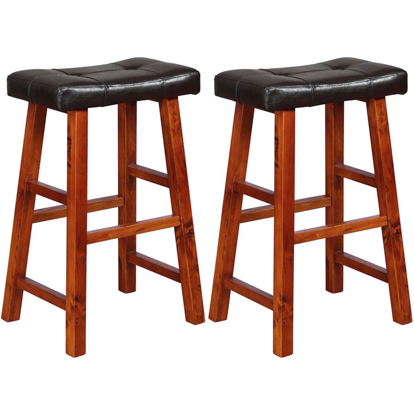 eHemco Heavy-Duty Padded Faux Leather Saddle Espresso Seat Kitchen Counter Barstools, 29 Inches, Dark Oak Legs, Set of 2