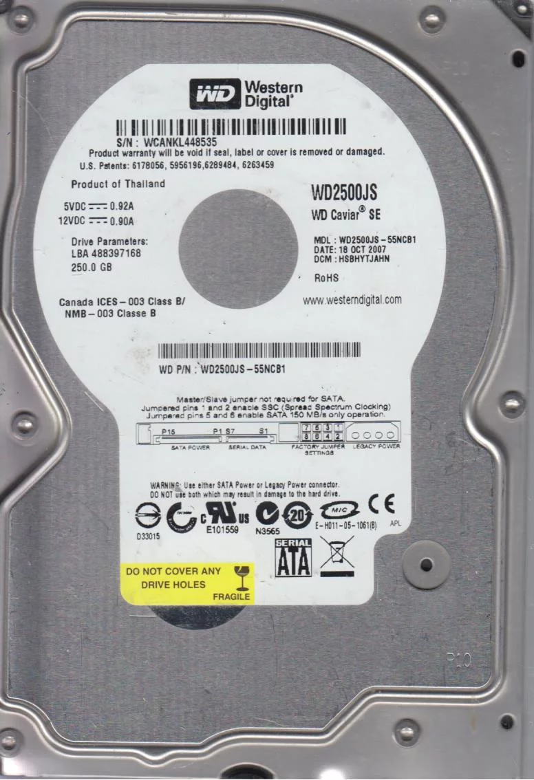 WD2500JS-55NCB1, DCM HSBHYTJAHN, Western Digital 250GB SATA 3.5 Hard Drive