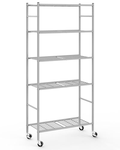 Storage Shelves Organizer - 5 Tier Metal Shelf Organizer with Metal Wheels and Adjustable Leveling Feet, Heavy Duty Garage Shelving for Kitchen, Pantry and Closet, 33.1