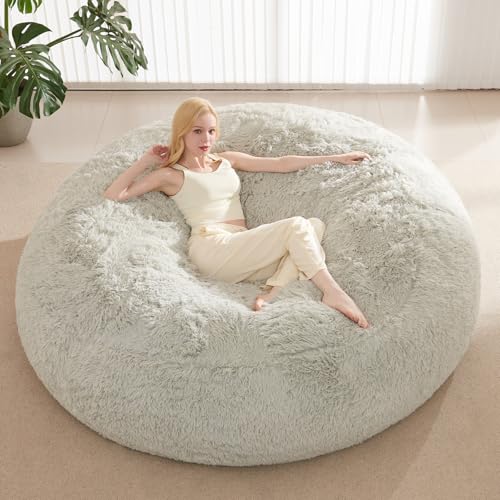 Bean Bag Chair Cover, Waterproof Faux Fur Bean Bag Cover Only(No Filler), 5FT Round Beanbag Chair with Pocket, Big Giant Bean Bags Chairs for Adults Kids Teens, Stuffed Animal Storage