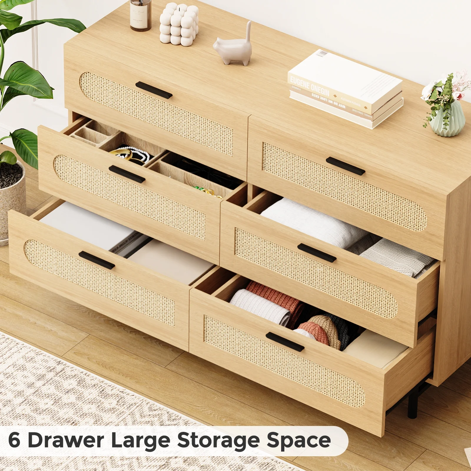 REHOOPEX 6 Drawer Dresser for Bedroom, Natural Rattan Chest of Drawers, Wood Storage Dressers