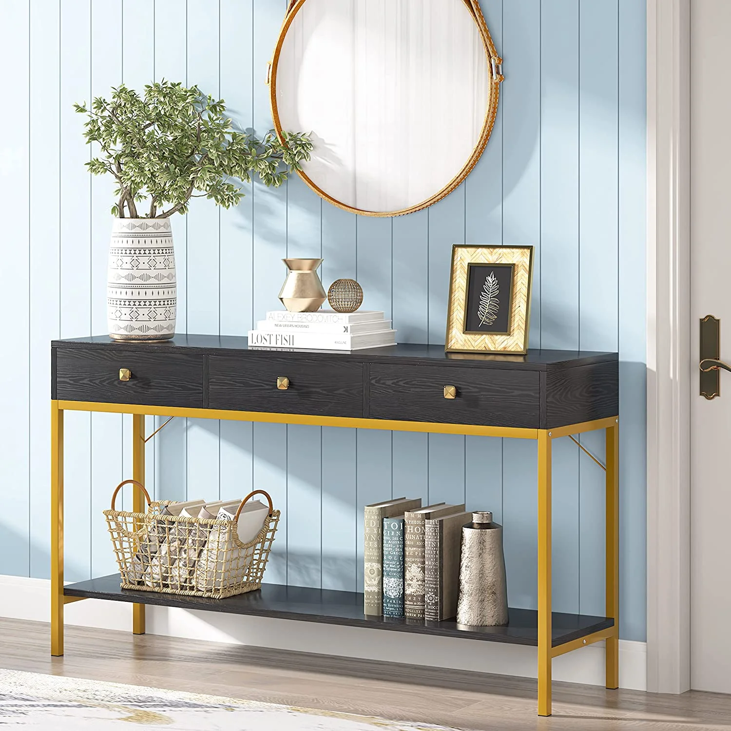 Console Table with Drawers, Hallway Wall Table with Storage Shelves, Narrow Long Sofa Entryway Table for Living Room, Metal Frame, Black Gold