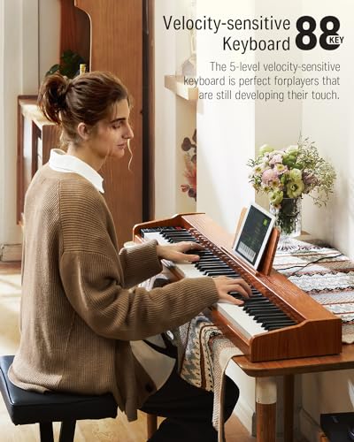 Donner DEP-1S Piano Keyboard 88 Keys, Beginner Digital Piano with 88 Key Velocity-Sensitive Keyboard, Record, Bluetooth, Chord, Bundle With Piano Stand, Piano Stickers, Sustain Pedal, Retro Wood Color
