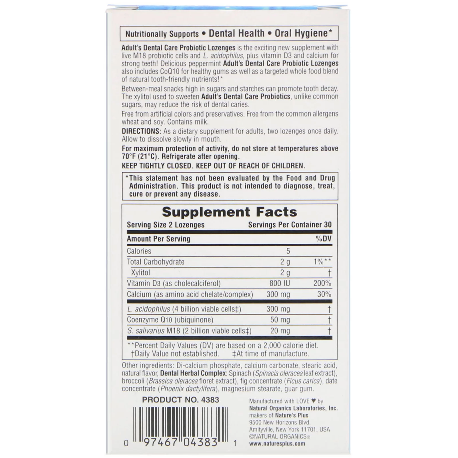 Nature's Plus Adult's Dental Care Probiotic, Natural Peppermint Flavor, 60 Lozenges