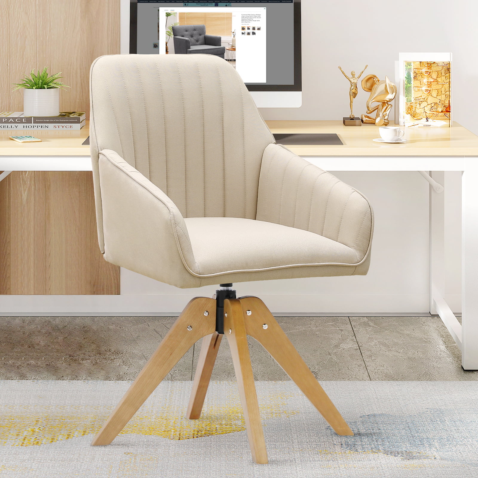 Mid Century Swivel Accent Chairs Modern Barrel Desk Chair Faux Linen,Beige