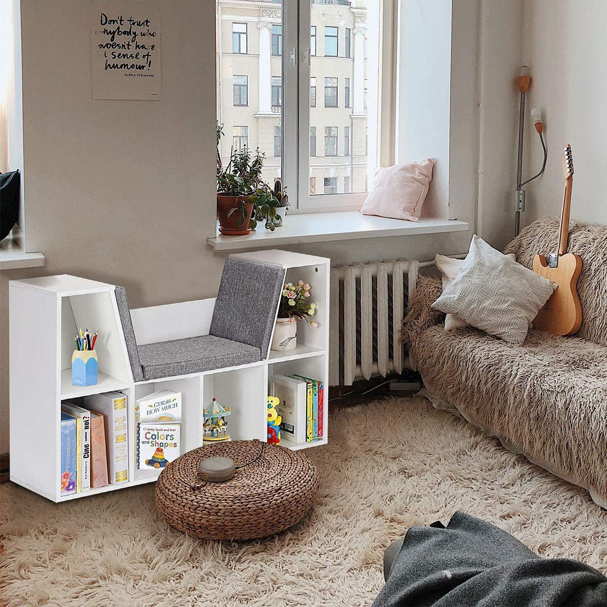 6-Cubby Kids Bookcase w/Cushioned Reading Nook, Multi Purpose Storage Organizer Cabinet Shelf with Soft Cushion and Thick Wood Board for Children Girls & Boys Bedroom Decor Room (Modern White)