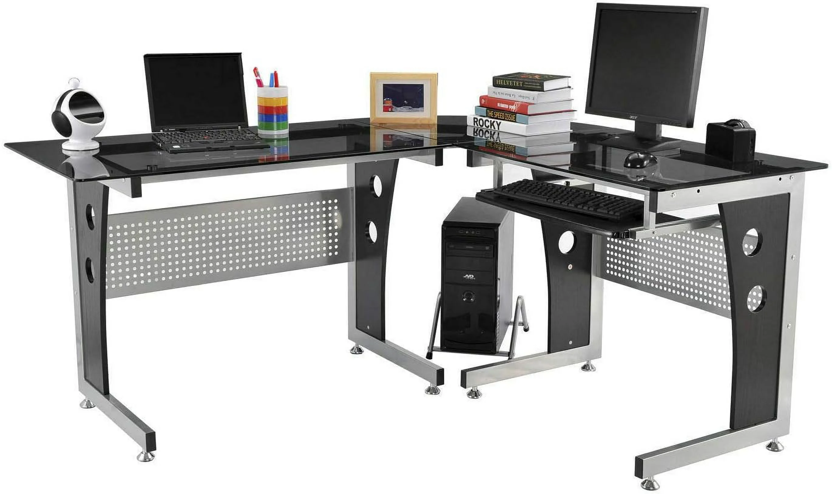 Black L-Shape Corner Tempered Glass Top Computer Desk Slide-Out Keyboard Tray CPU Tower Stand Laptop Notebook PC Workstation Study Writing Reading Gaming Table Perfect For Home Dorm Room Or Office Use