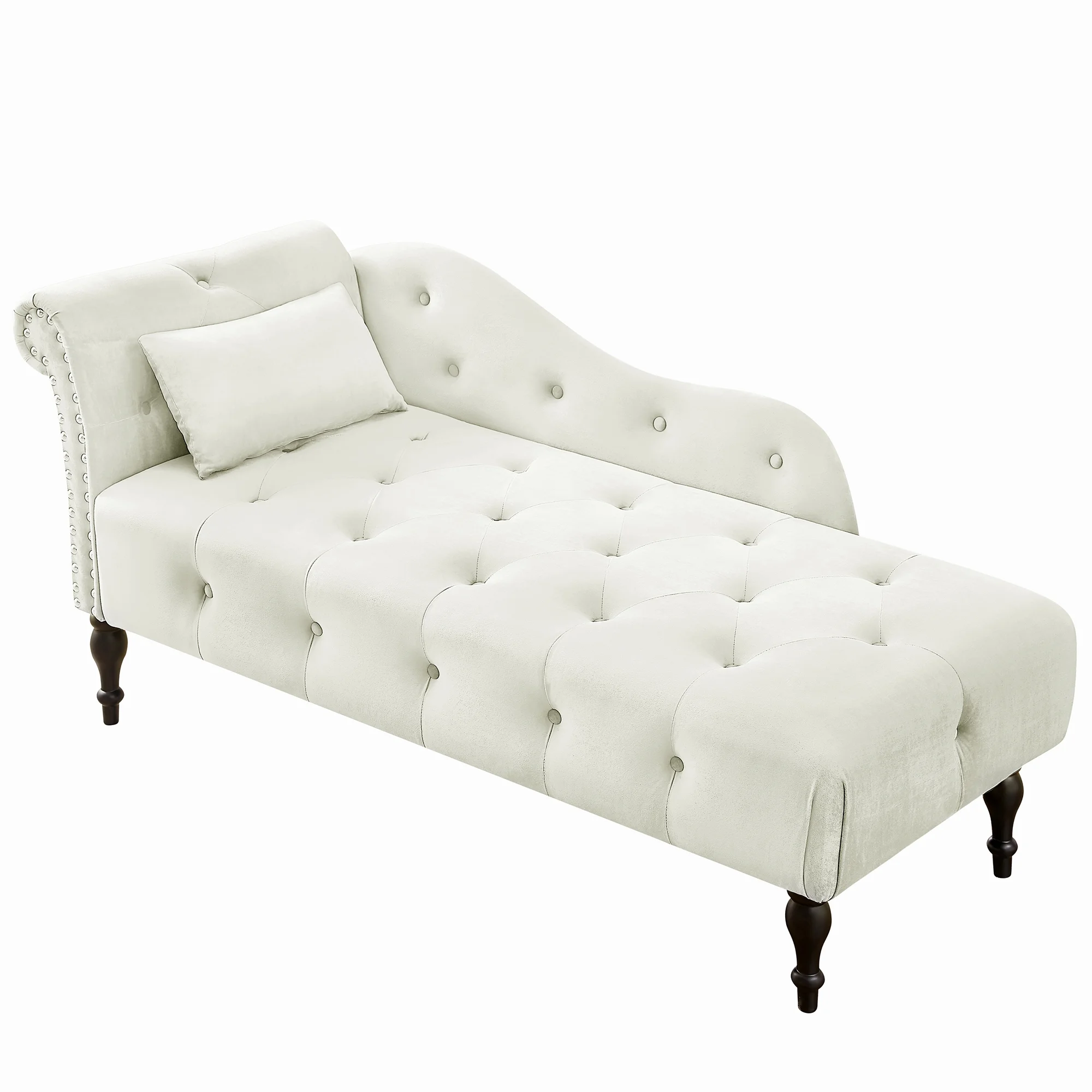 HUTWIFE Velvet Chaise Lounge, Left Arm Design Chaise with Nailhead Trim Tufted Button Lounge Chair with Pillow Modern Upholstered Rolled Arm Lounges Chair for Living Room Bedroom