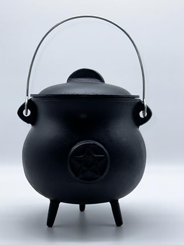 X-Large Pentacle Cast Iron Cauldron with Lid and Handle, 7.5