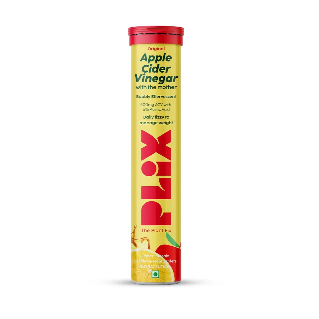 Plix - The Plant Fix Apple Cider Vinegar Effervescent Tablet With Mother For Weight Loss I With Vitamin B6 & B12 | Pack Of 4 (Lemon Masala)60 Tablets|