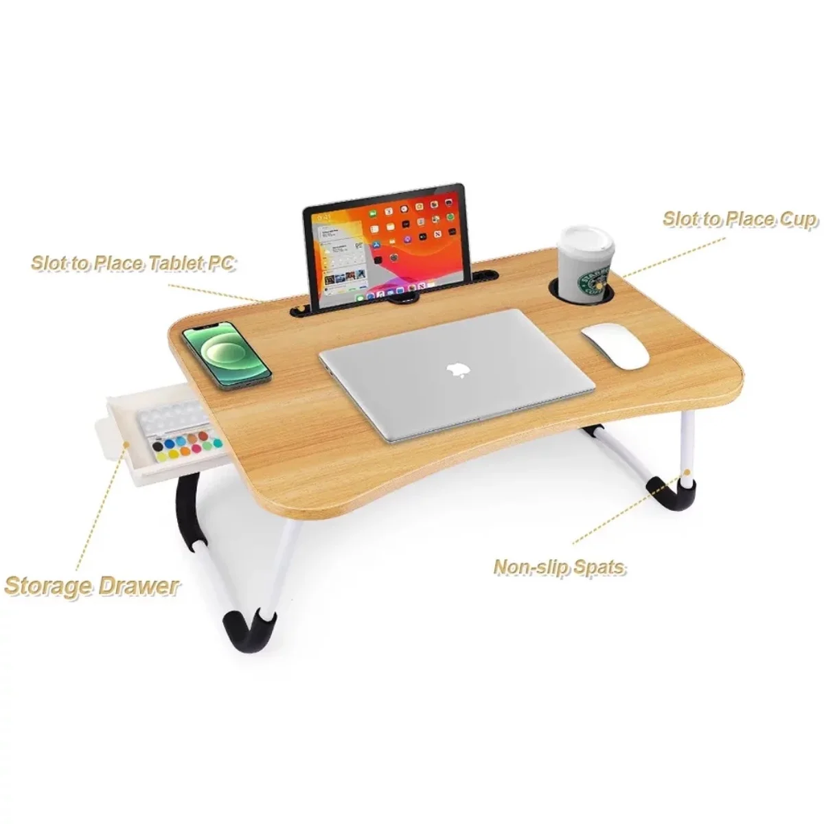 LEUCHTA Foldable Lap Desk, 23.6 Inch Portable Wood Laptop Desk Table Workspace Organizer Bed Tray with iPad Slots, Cup Holder and Drawer, Anit-Slip for Working Reading Writing, Eating, Watching-Walnut