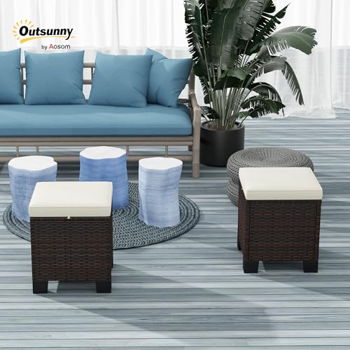 Outsunny 2 Pieces Outdoor Patio Ottomans, All Weather Wicker Outdoor Footstools with Removable Cushions, 3-in-1 PE Rattan Ottoman Seat, Footrest and Side Table for Backyard, Poolside, Cream White