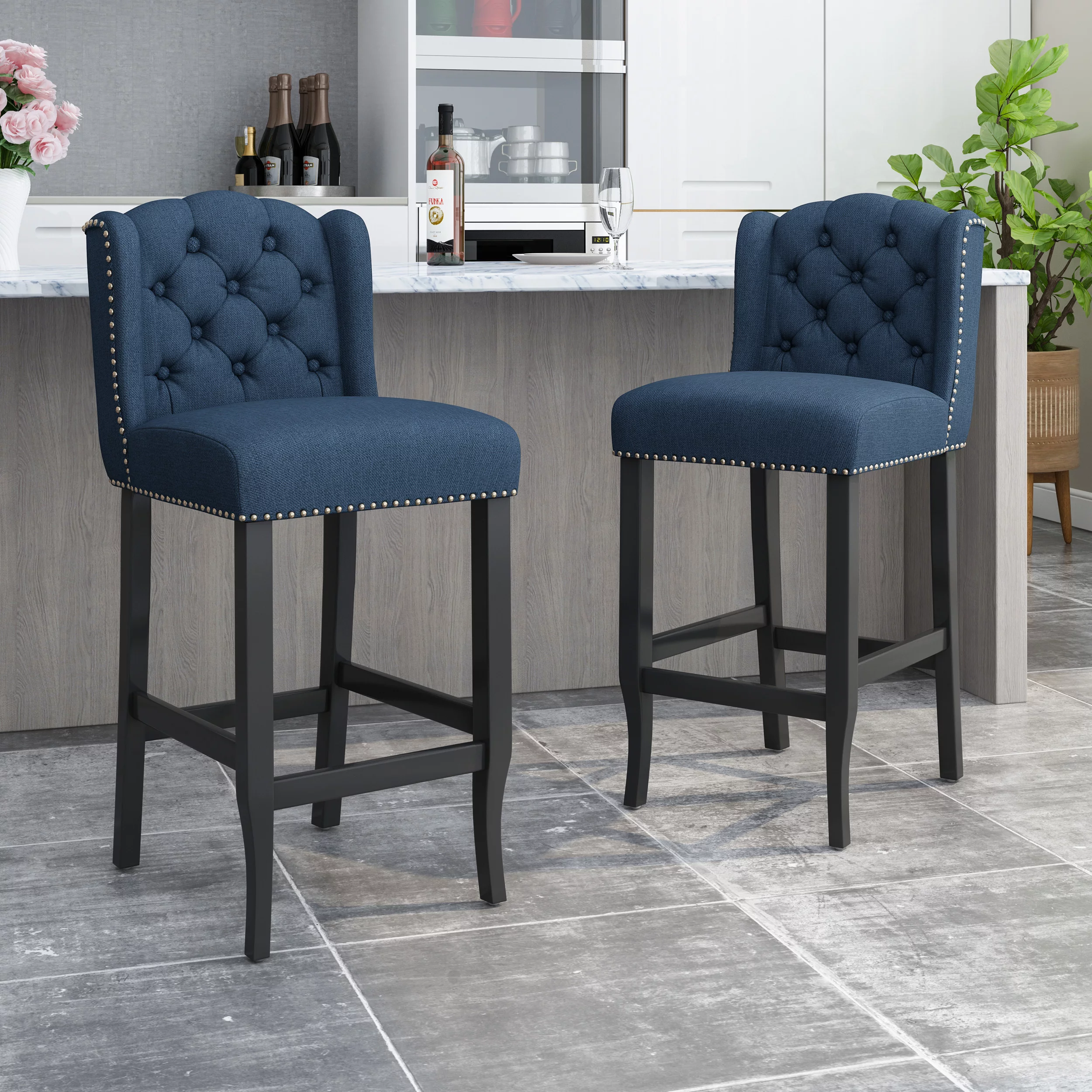 Noble House Christopher Wingback Barstool, Set of 2, Navy Blue, Dark Brown
