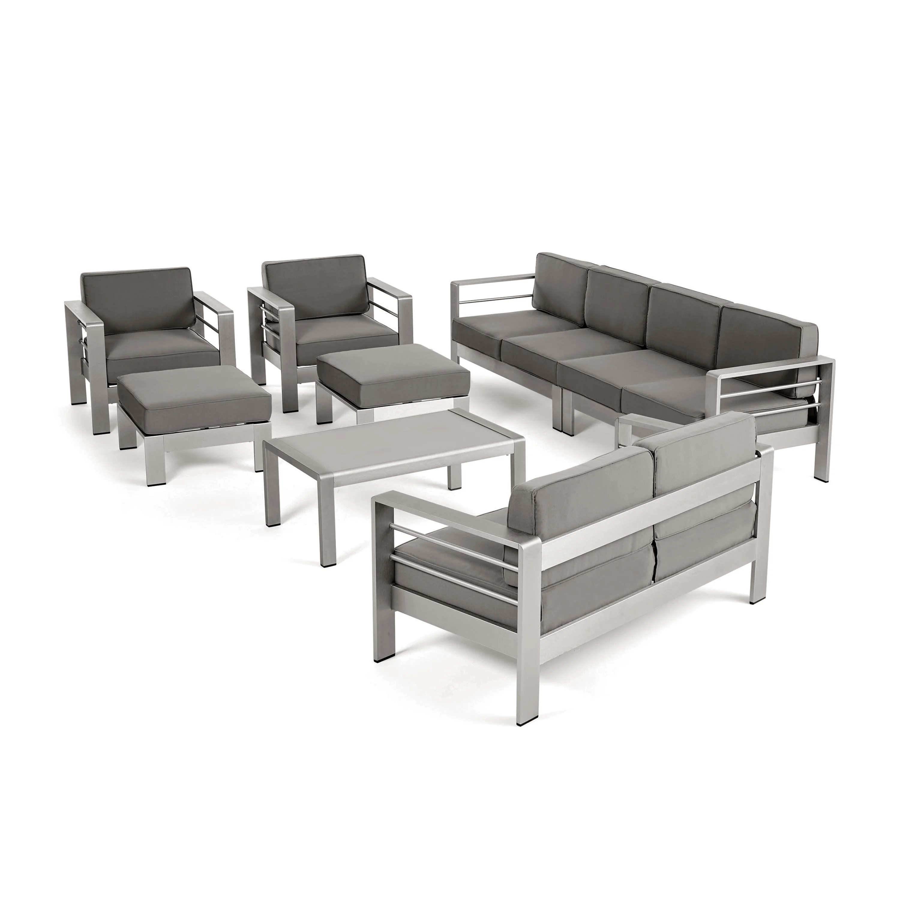 GDF Studio Emily Outdoor Aluminum 8-Seater Sectional Sofa Set, Silver and Khaki