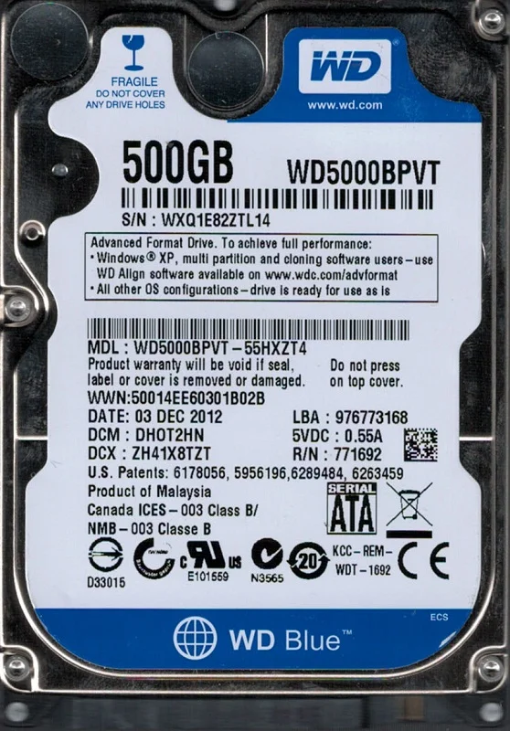 WD5000BPVT-55HXZT4 DCM: DHOT2HN WXQ1E Western Digital 500GB