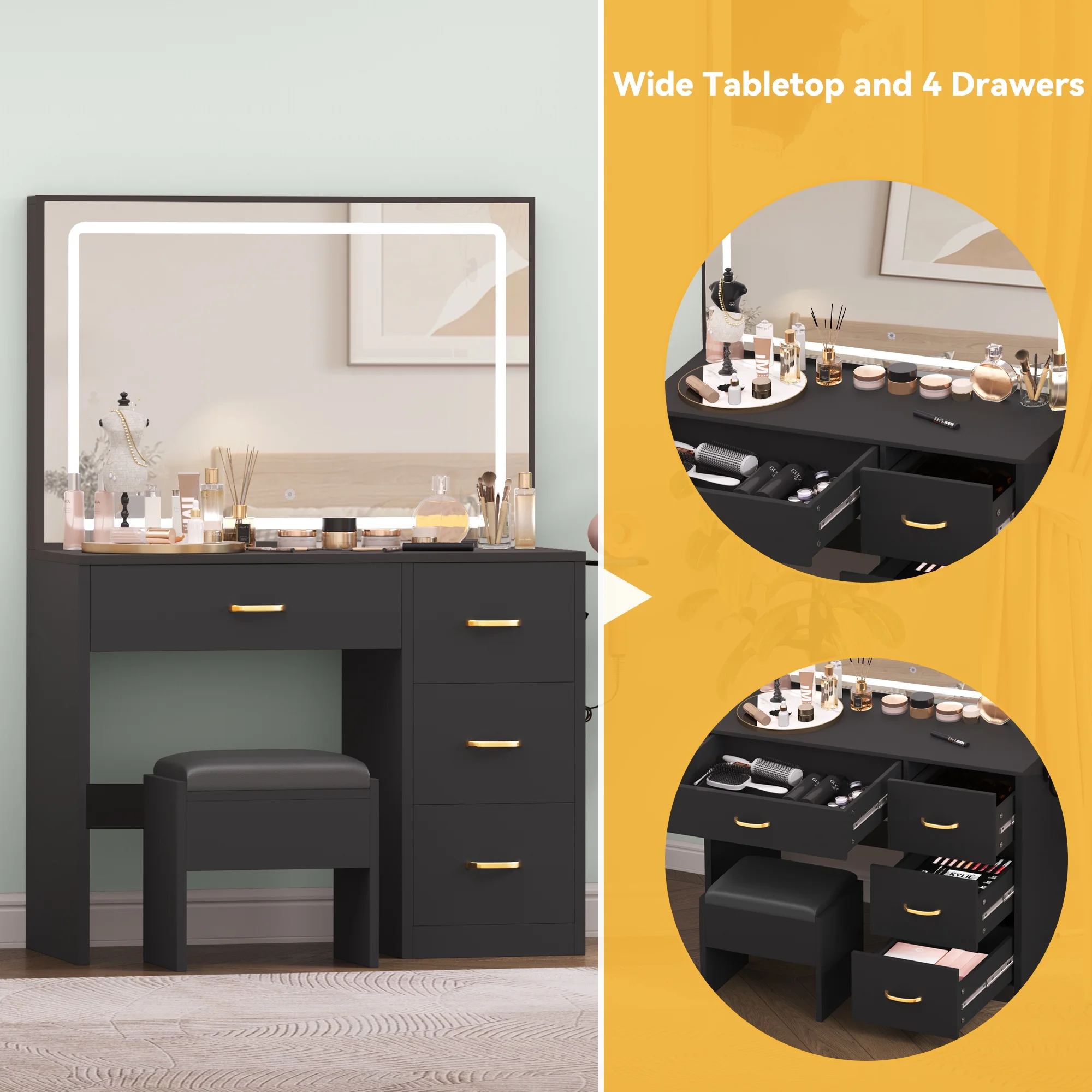 Dextrus Charcoal Black Makeup Vanity Table with Large Mirror and LED Lights - Stylish and Functional for Women Girls, Charcoal Black