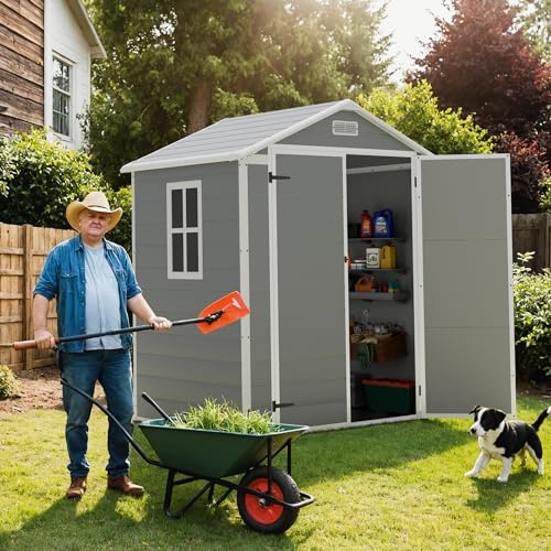 Greesum 5' x 4' Resin Weather Resistant Outdoor Storage Shed with Floor for Garden,Backyard,Pool Tool, Light Grey