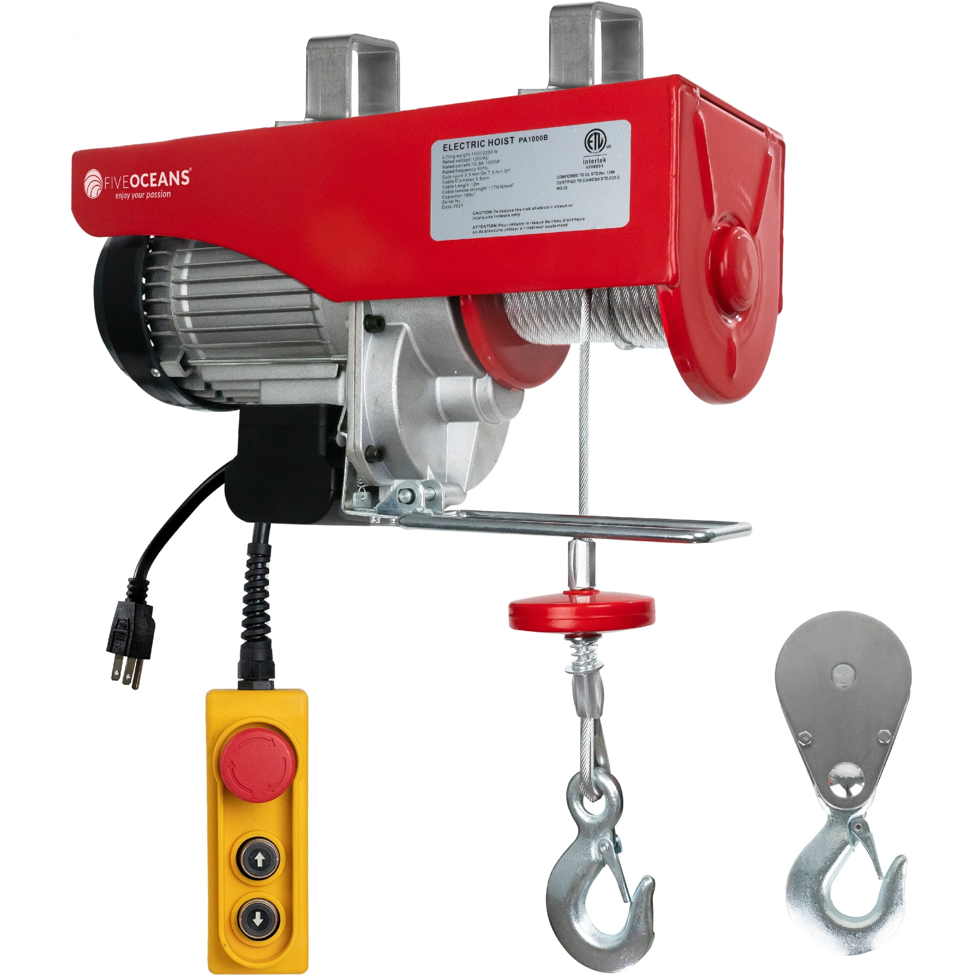 Five Oceans Electric Hoist, Hoist Pulley System, Pulley Hoist, 2200 Lb Electric Winch with 6FT Remote Control 120 Volts, for Garage, Factory Lifting with Emergency Stop Button - FO3820