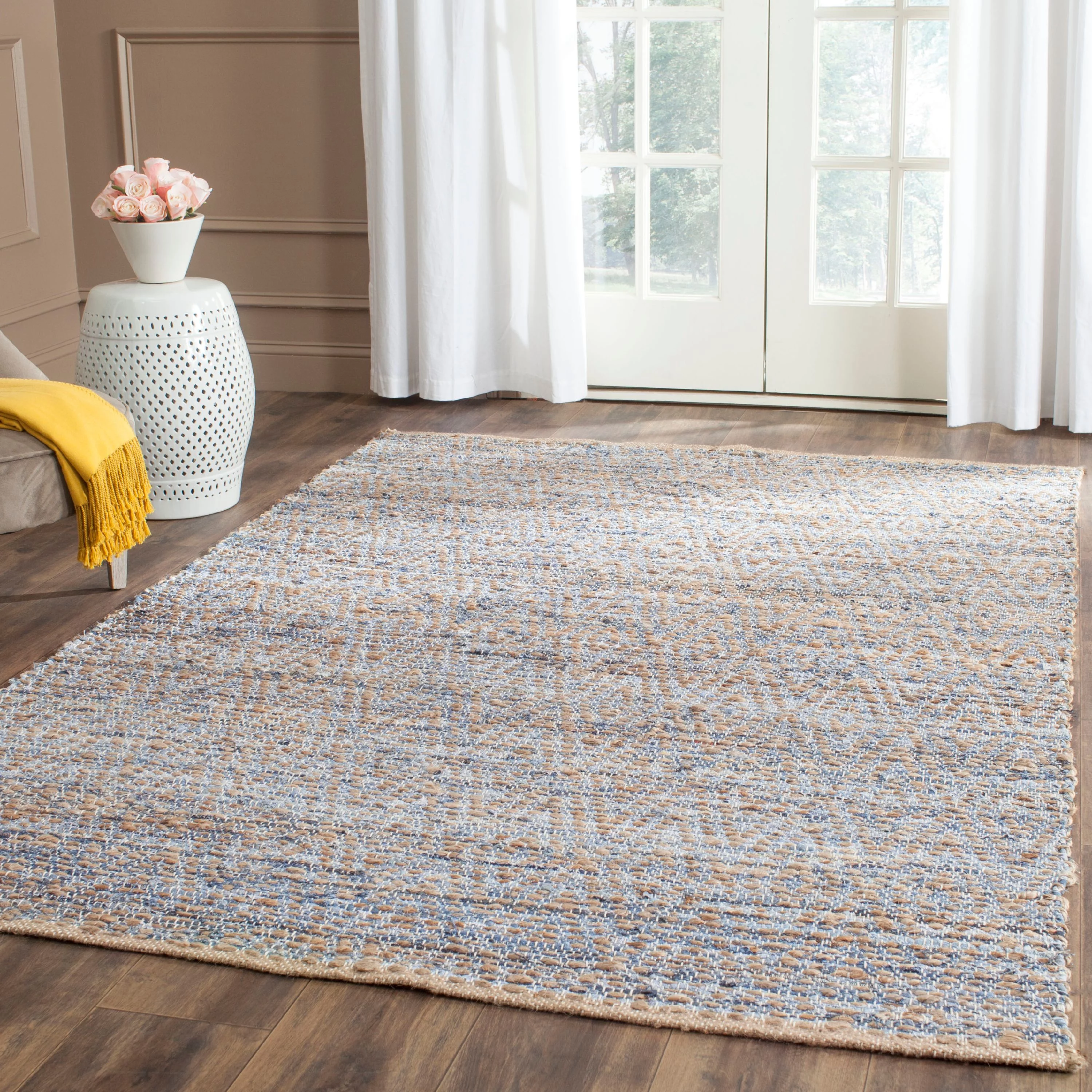 SAFAVIEH Cape Cod John Braided Striped Jute Area Rug, 9' x 12', Natural/Blue