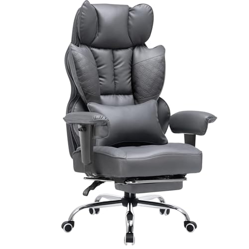 COMHOMA Big and Tall Office Chair 400LBS Wide Ergonomic Gaming Chair with Deluxe Embossing Leather with Foot Rest 150°Reclining Adjustable Armrests Pocket Spring Back Support and Without Pillow