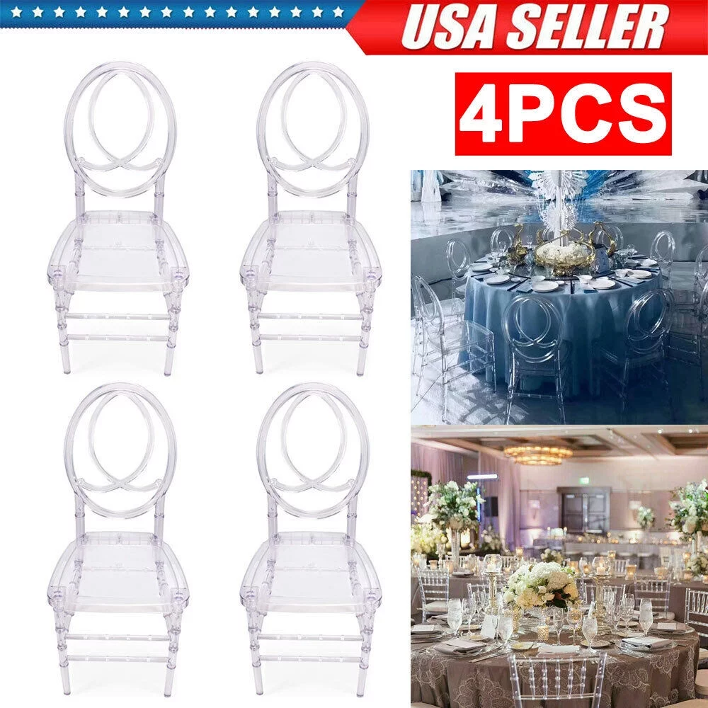 FOH Upgraded 4Pcs Cross Back Stacking In Clear Crystal Chiavari Ghost Chairs, Stackable Transparent Elegant Party Event Wedding Chairs, Reception Dining Side Clear Chairs