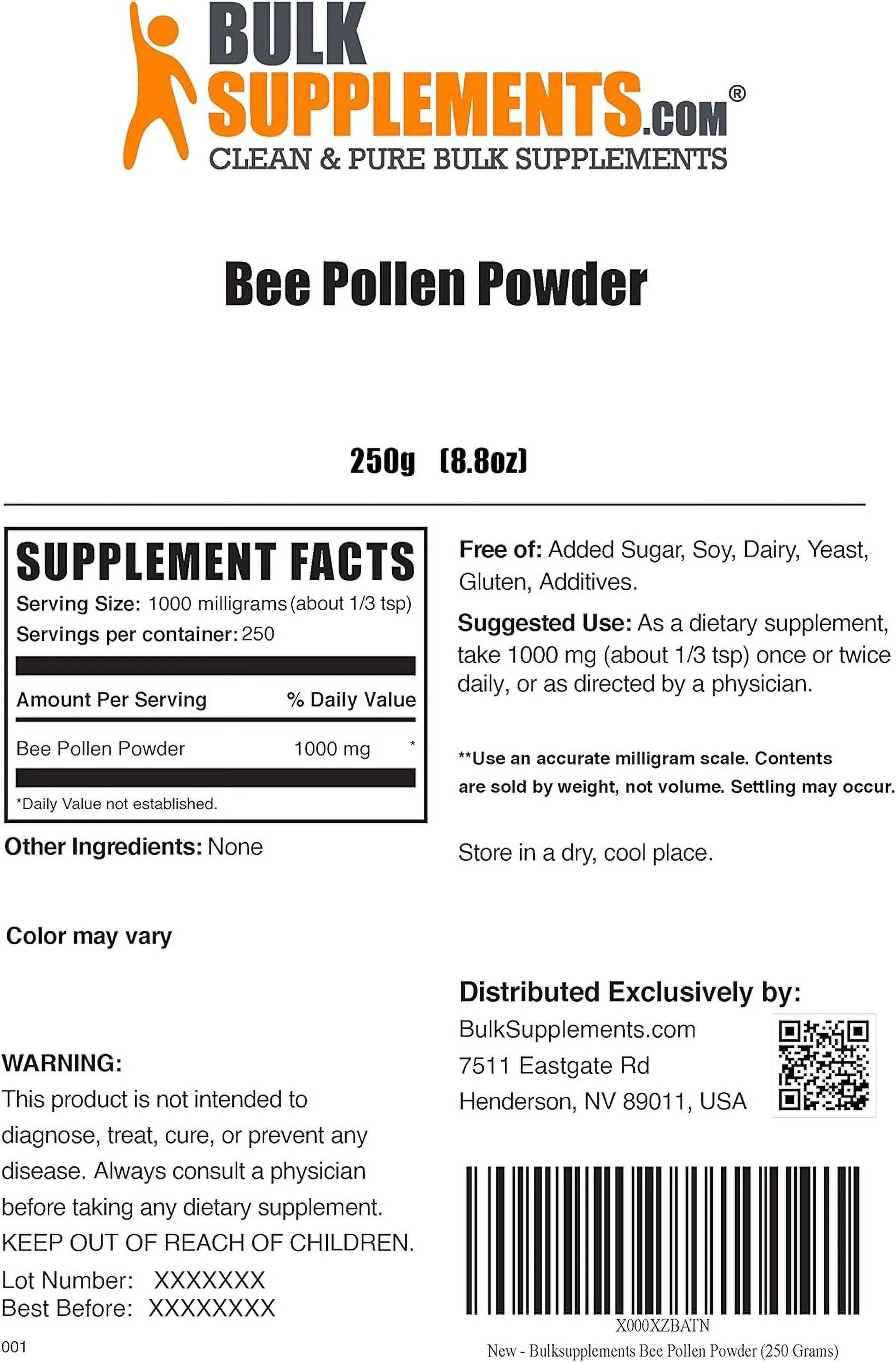 BulkSupplements.com Bee Pollen Powder - Dietary Supplement, Bee Pollen Supplement - Natural, Gluten Free - 1000mg per Serving, 250 Servings (250 Grams - 8.8 oz)