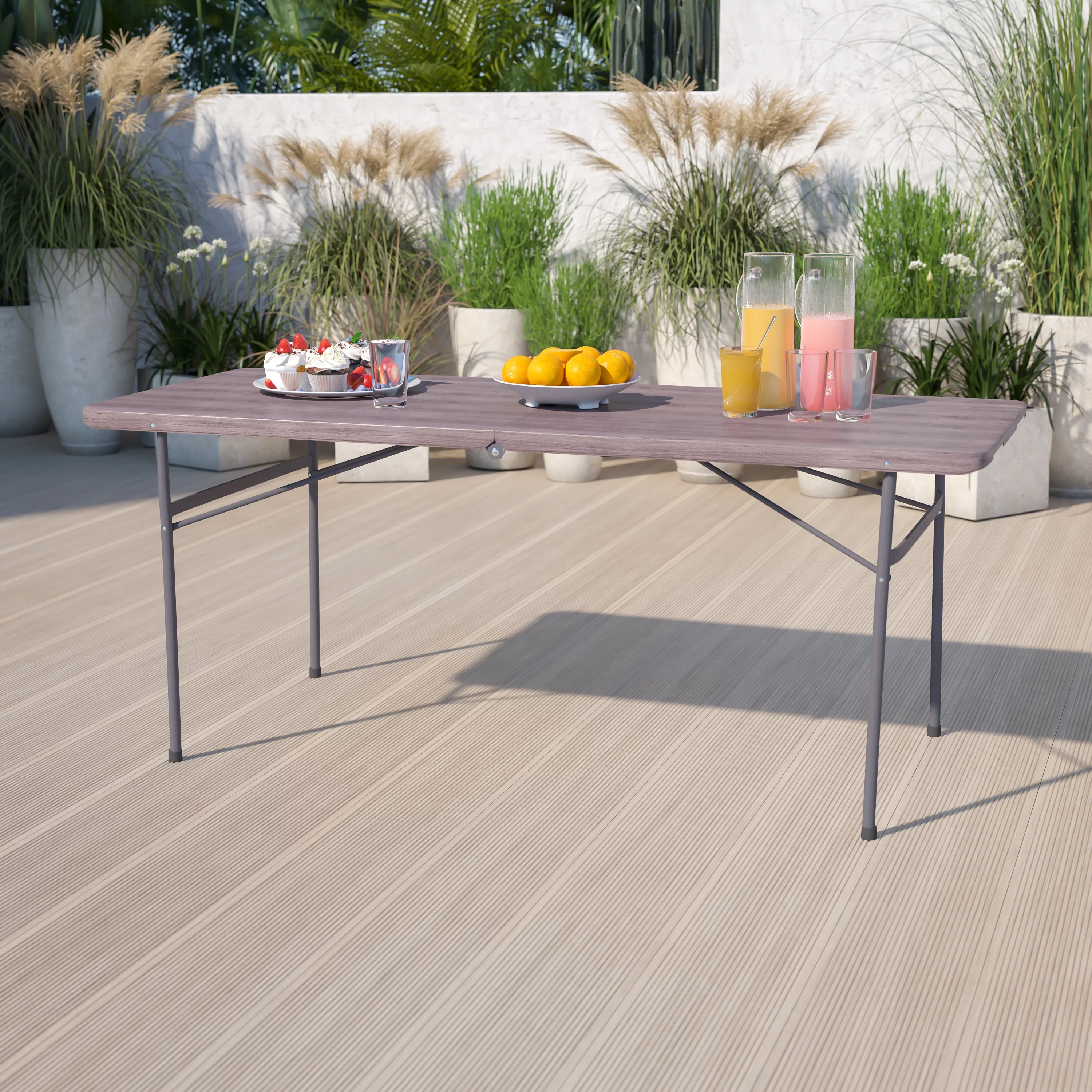 Emma + Oliver 6-Foot Bi-Fold Brown Wood Grain Plastic Folding Table with Carrying Handle