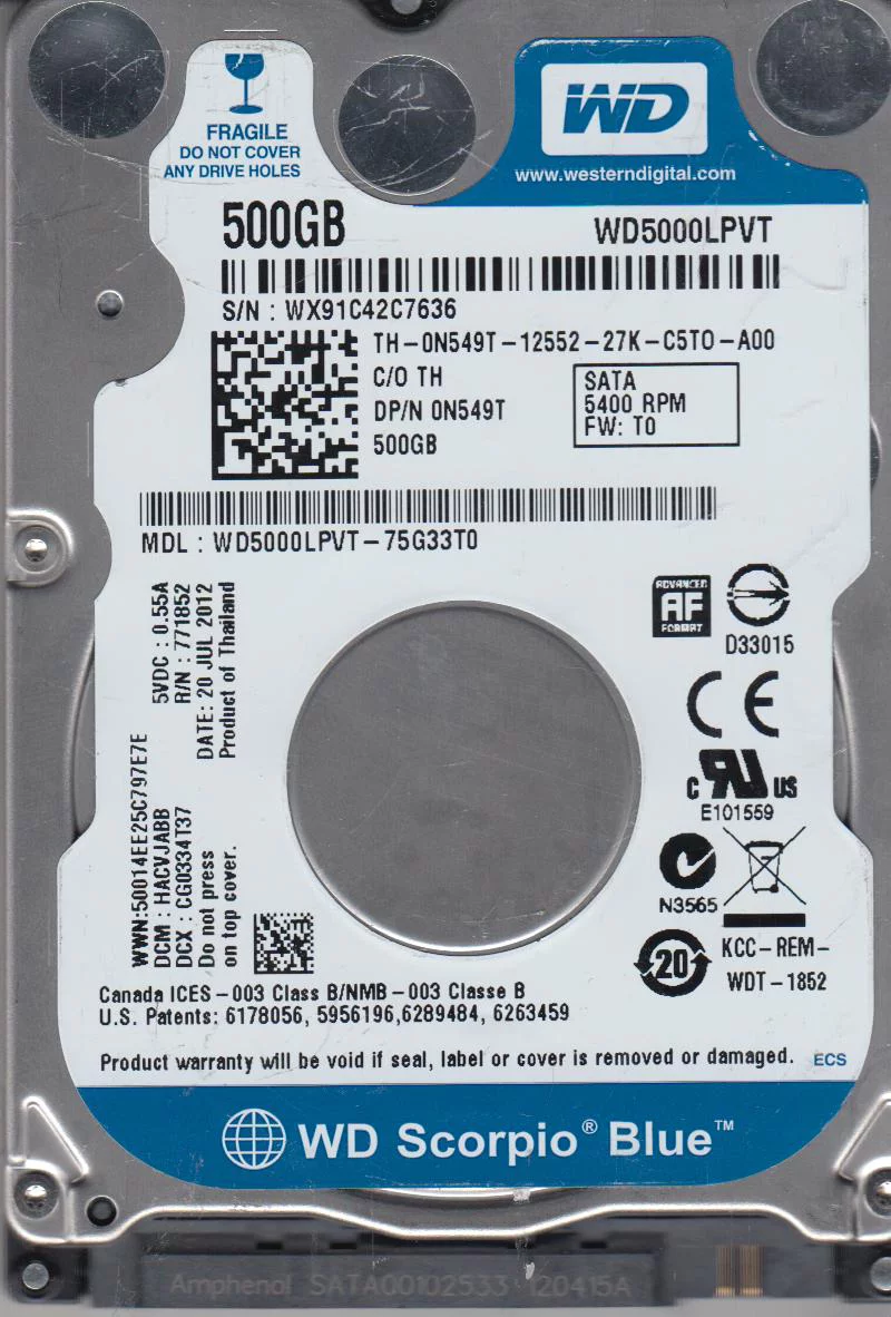 WD5000LPVT-75G33T0, DCM HACVJABB, Western Digital 500GB SATA 2.5 Hard Drive