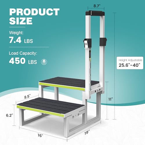 RV Steps with Handrail Adjustable for Both Sides, 2 Step Stool with Handle for Elderly with Wide Platform & Anti-Slip Mats, Portable Stairs for Hot Tub/Camper/SPA Pool/Pet Stairs