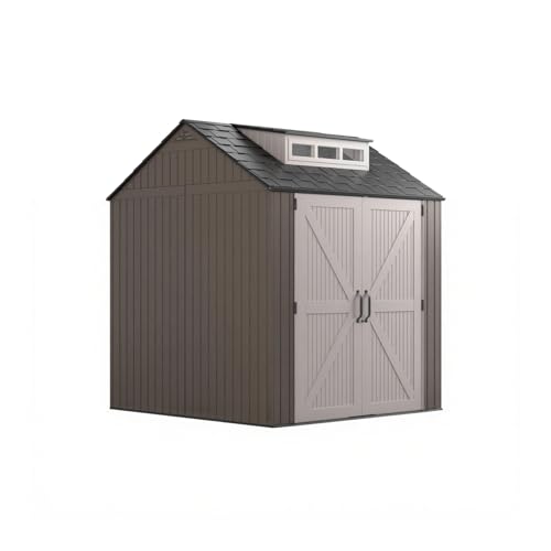Large Resin Outdoor Storage Shed with Floor (7-10.5 Ft) - Weatherproof Double Wall Construction for Lawn Mowers, Garden Tools, Bike & Pool Supplies, Lockable (Brown, 7x7 FT)