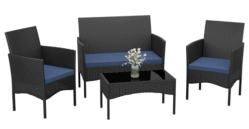 Kurapika Patio Furniture Set 4 Pieces Outdoor Wicker Rattan Chairs Conversation Sets w/Coffee Table, Rocking Bistro Set, for Patio Backyard Lawn (Navy Blue)