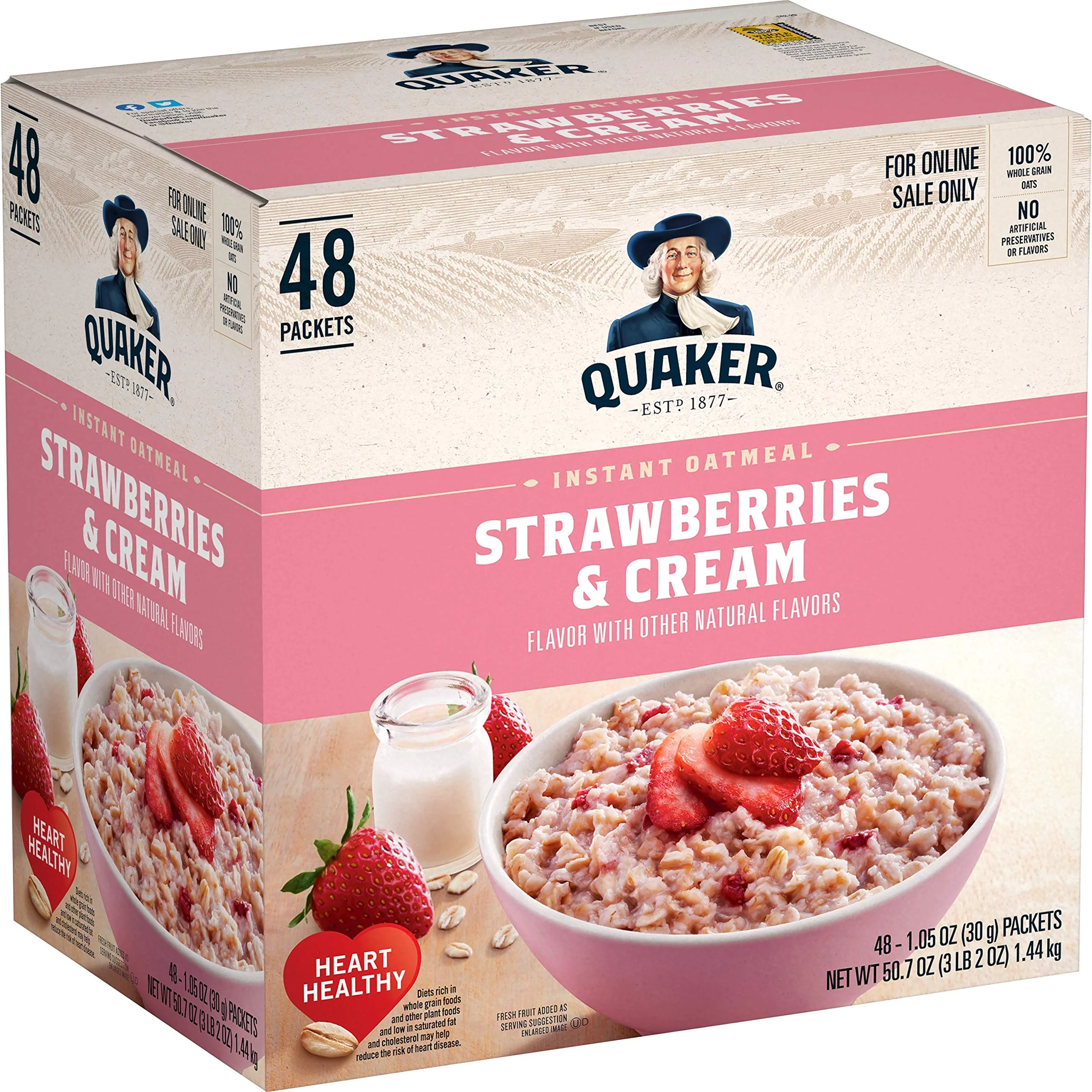 Quaker Instant Oatmeal, Strawberries And Cream, Individual Packets, 1.05 Ounce (Pack Of 48)