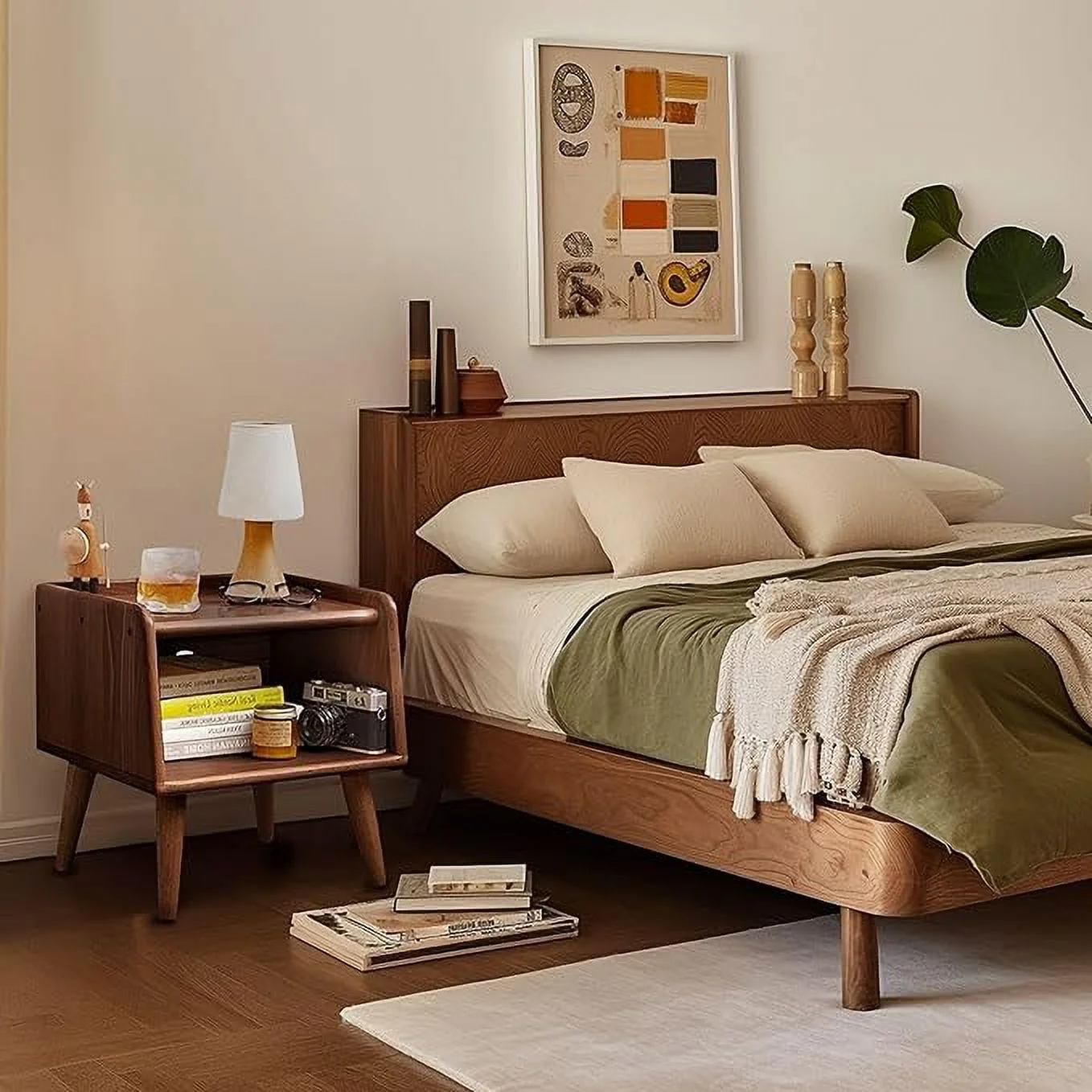 Durable Solid Wood Walnut Finish Mid Century Nightstand Bedside Table with Open Storage - Ideal for Bedroom