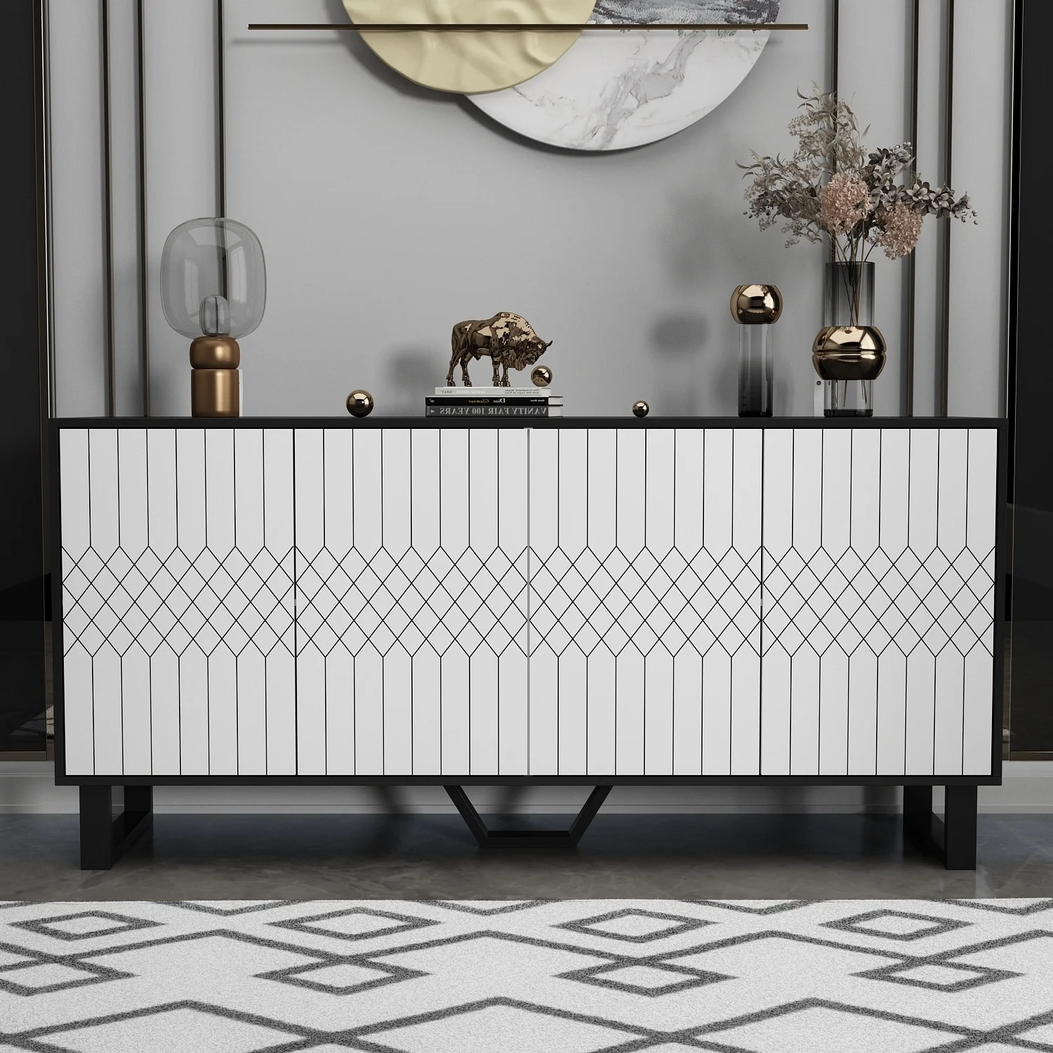 Modern Credenza Sideboard Buffet Pop-Up Doors Buffet Sideboard 63inch