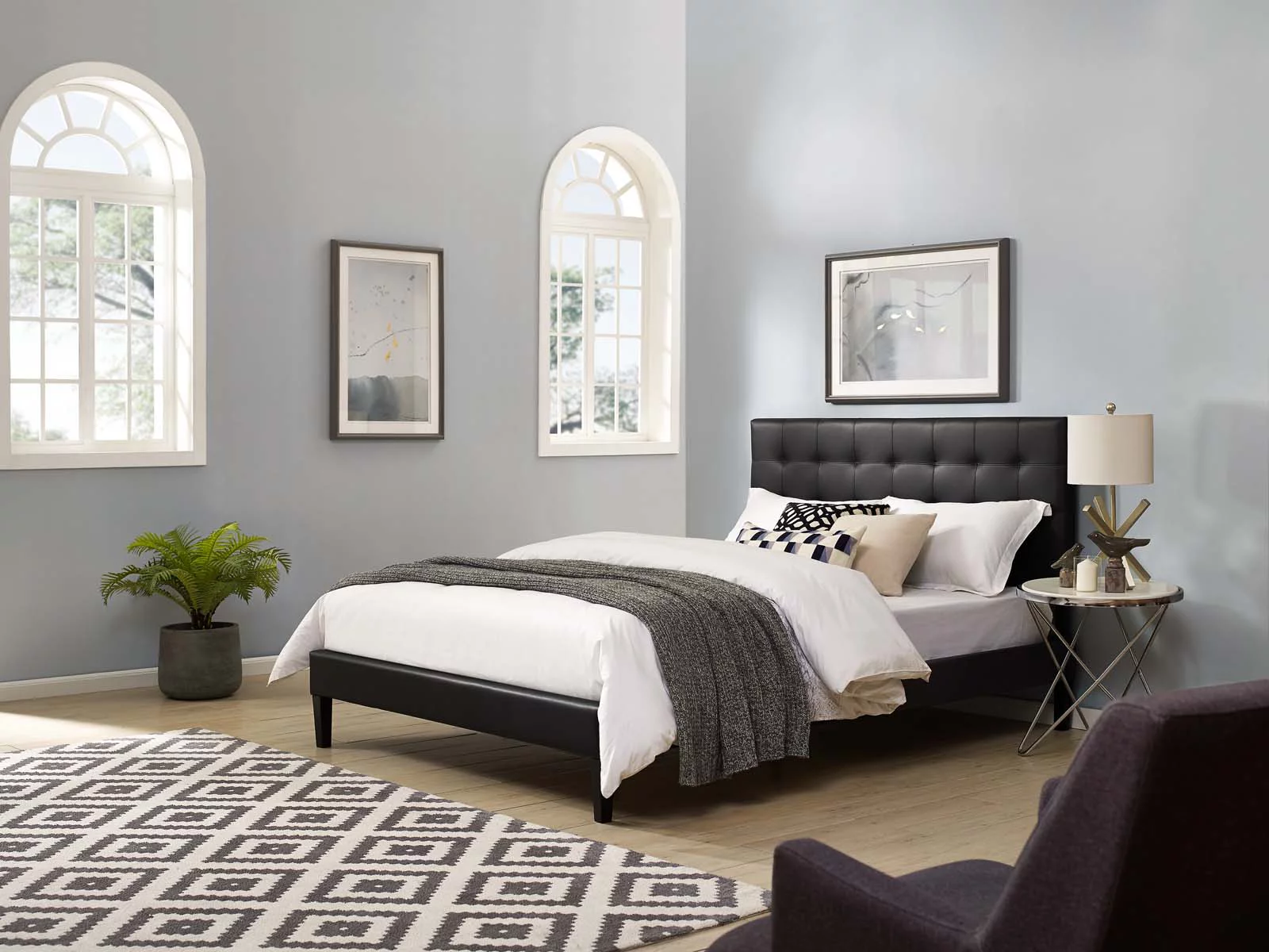 Contemporary Modern Urban Designer Bedroom King Size Tufted Headboard, Faux Vinyl Leather, Black