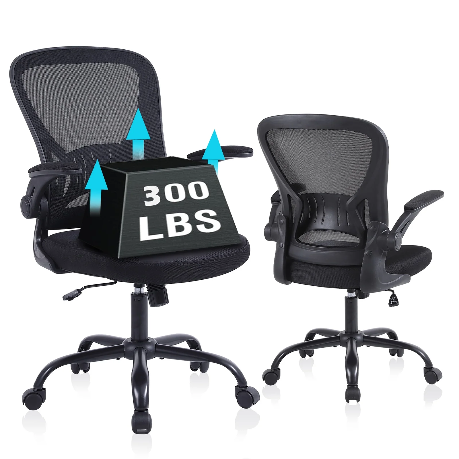 Flysky Ergonomic Office Chair, Home Office Desk Chair, Mesh Swivel Task Chair with Lumbar Support and Adjustable Flip-up Arms, Black