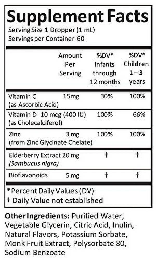 Kiddivit Baby Zinc Liquid Drops with Elderberry, Vitamin D3 & C - 60 Daily Servings, 2 Fl Oz (60 mL) - Inulin Fortified (Prebiotic, Dietary Fiber) - Sugar Free, Gluten Free, Vegetarian Friendly