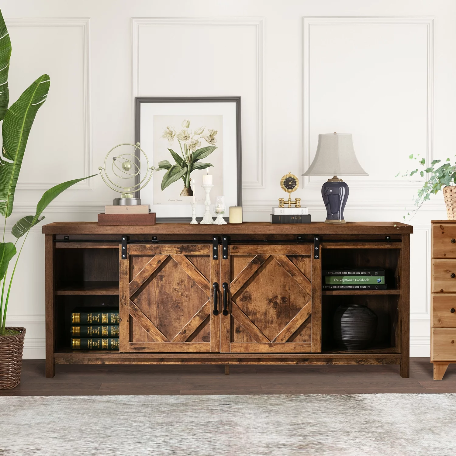 Walsport 65 inch TV Stand Clearance Loft Media Console Farm Style Entertainment Center with Slide Barn Doors Storage Cabinet, 58 in, Rustic Brown and Black