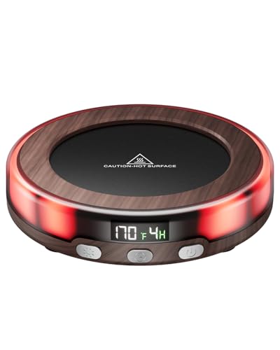 Gaiatop Coffee Mug Warmer for Desk, 3 Temp Settings, 2-9Hrs Timer, 3 Colorful Romantic Atmosphere Light Modes, Stocking Stuffers, Beverage Heating Plate with Digital Display for Candle Tea Milk Wood