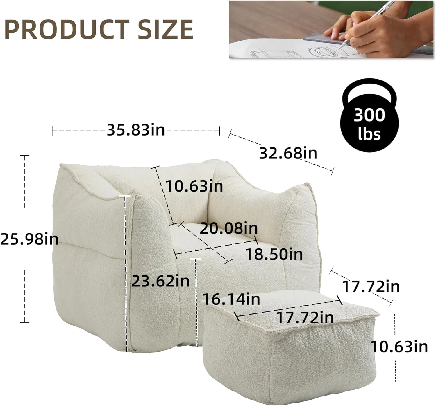 xrboomlife Sofa Chair with Ottoman  Modern Square Bean Bag Chairs for Adults  Lazy Cozy Sofa Chair  Leisure Accent Chair with Armrests for Living Room  Bedroom  Small Spaces  Apartment  O