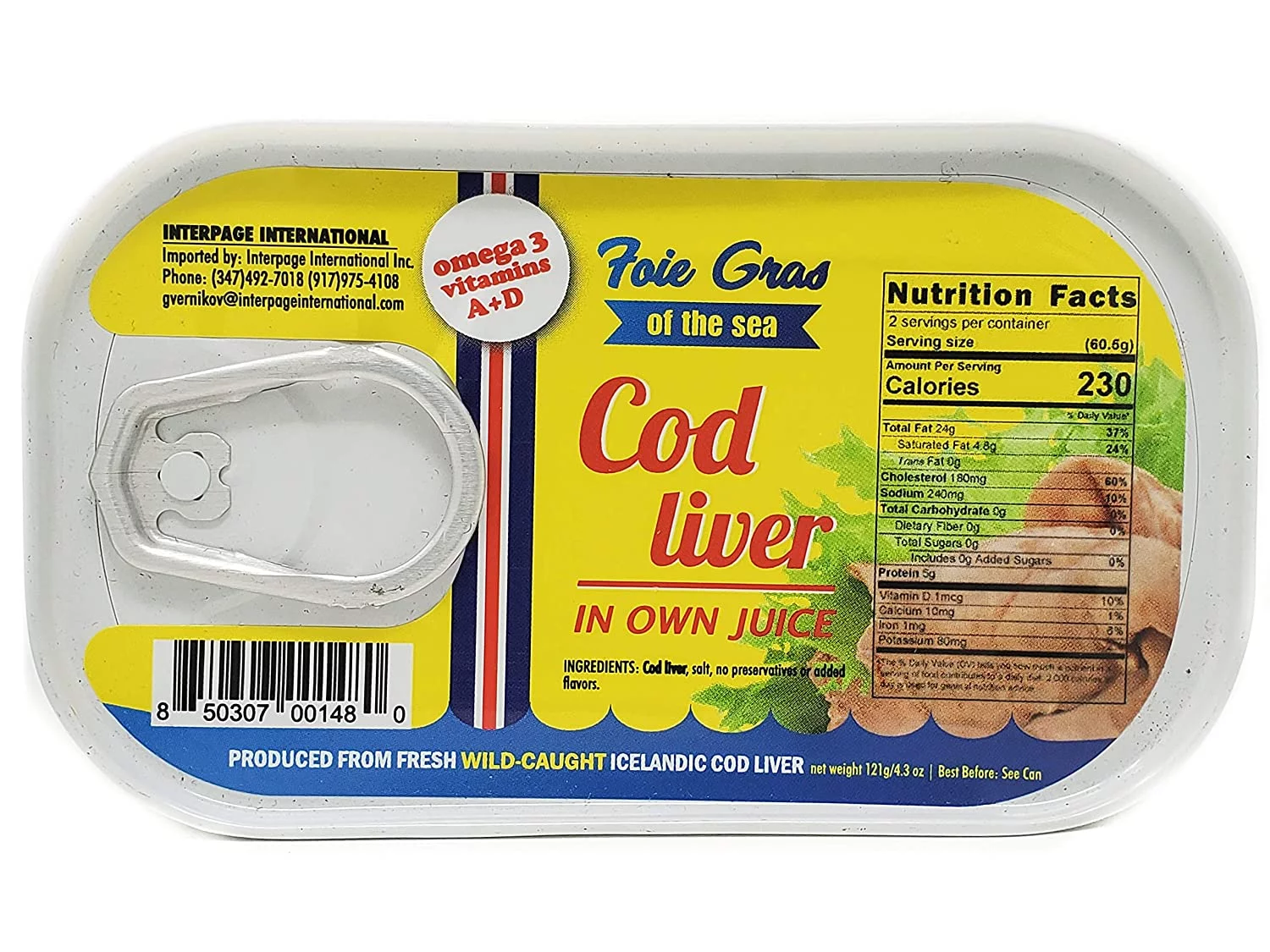Foie Gras of the Sea Canned Cod Liver In Own Oil 4.3oz Natural Source of Omega-3 and Vitamins A&D,Fresh Wild Caught Cod (Pack of 12)