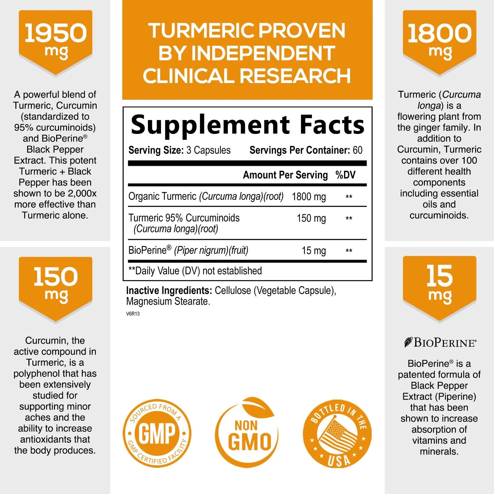 Turmeric Curcumin with BioPerine 1950mg, 95% Standardized Curcuminoids - Black Pepper for Max Absorption, Herbal Joint Support, Nature's Tumeric Extract Supplement Non-GMO - 180 Capsules