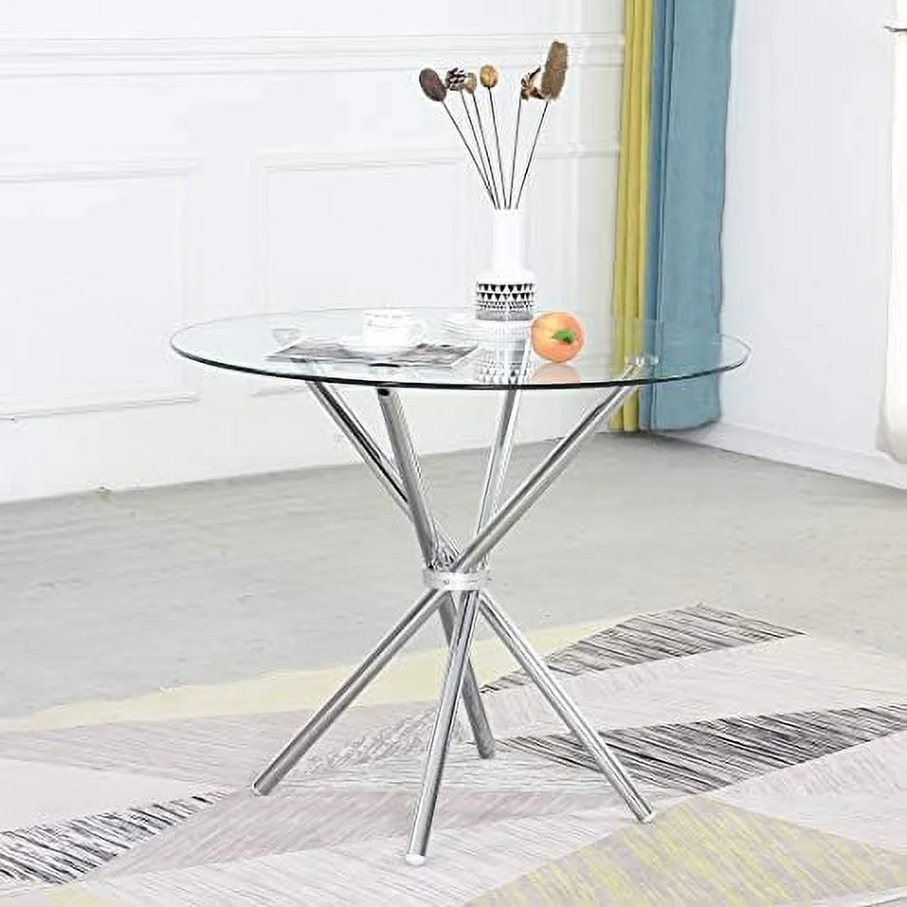 TJUNBOLIFE Round Glass Dining Table with Clear Tempered Glass Top  4 Chrome Legs Round Table for 2 or 4 Person  Modern Kitchen Table  for Home Office Kitchen Dining Room(W 35.4 x L 35.4 x