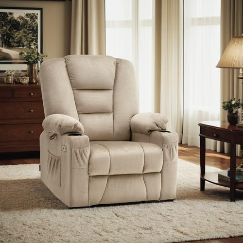 MCombo Small Power Lift Recliner Chair with Massage and Heat for Petite People, Cup Holders, USB Ports, Side Pockets, Fabric 7569 (Small-Regular, Brown)